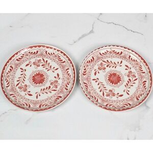 Anfora Puebla Red White Hand Painted Ceramic Bread Butter Plates Set of 2 7.5"